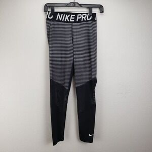 Nike Pro Womens Size S Colorblock Athletic Tights Black And Gray Stripe And Mesh